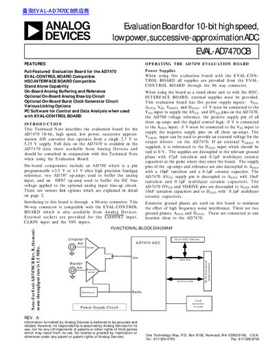 Analog Devices EVAL-AD7470CB Evaluation Board Technical Note - cover page