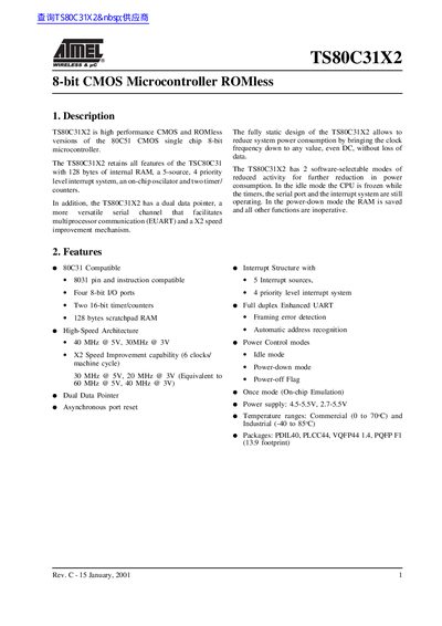 Atmel TS80C31X2 8-bit CMOS Microcontroller ROMless Datasheet - cover page
