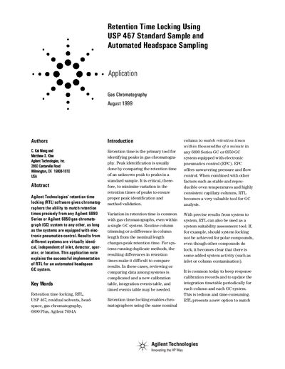 Retention Time Locking Using USP 467 Standard Sample and Automated Headspace Sampling Application Note - cover page
