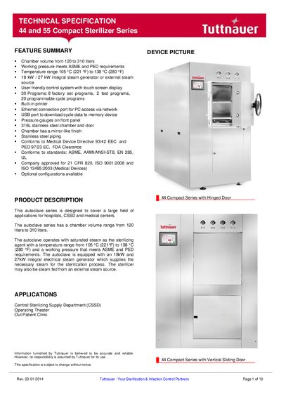 Tuttnauer 44 and 55 Compact Sterilizer Series Technical Specification - cover page