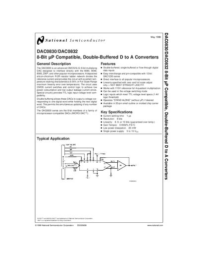 National Semiconductor DAC0830/DAC0832 8-Bit Double-Buffered D to A Converters Datasheet - cover page