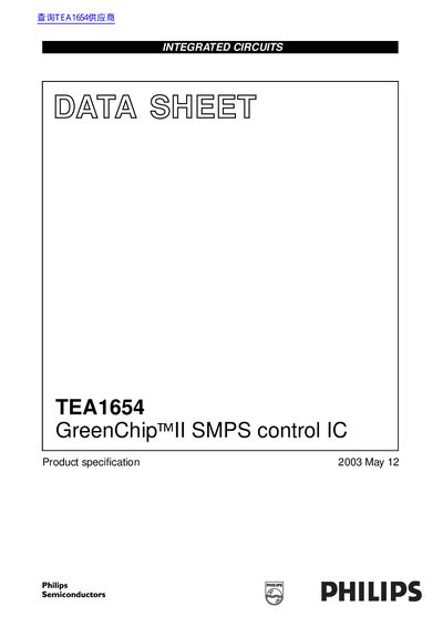 Philips TEA1654 GreenChip II SMPS Control IC Product Specification - cover page