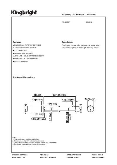 KINGBRIGHT T-1 (3mm) CYLINDRICAL LED LAMP Manual - cover page