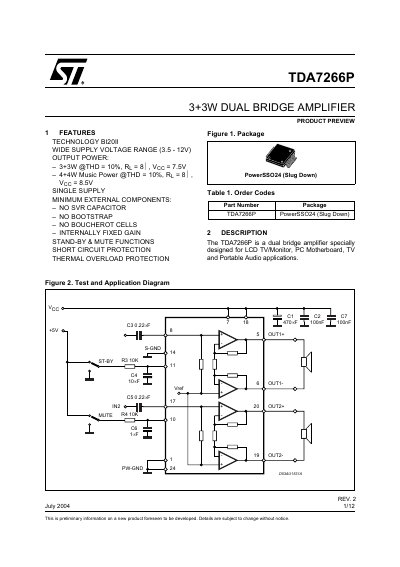 STMicroelectronics TDA7266P Dual Bridge Amplifier Datasheet