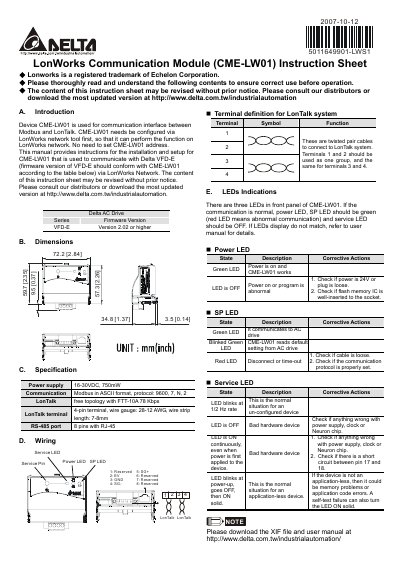 Delta CME-LW01 LonWorks Communication Module Instruction Sheet - cover page