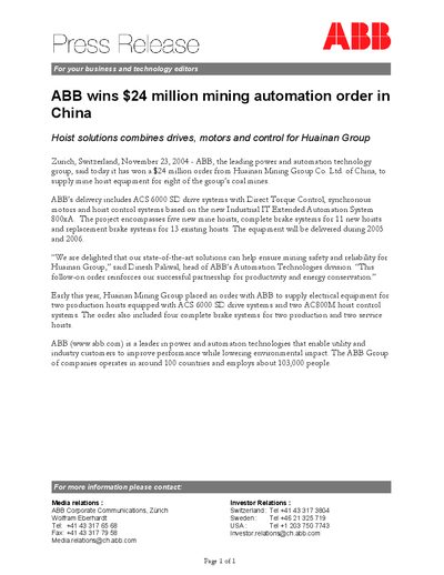 ABB Mining Automation Order Press Release - cover page