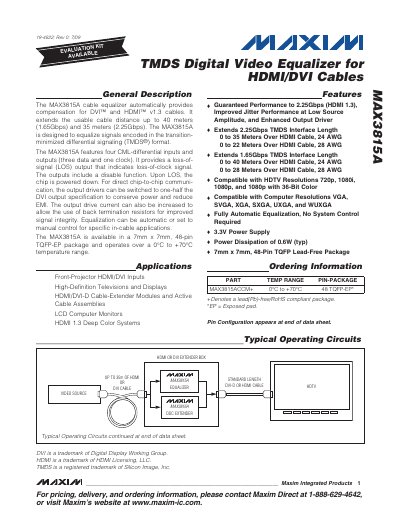 Maxim Integrated MAX3815ATMDS Digital Video Equalizer Datasheet - cover page