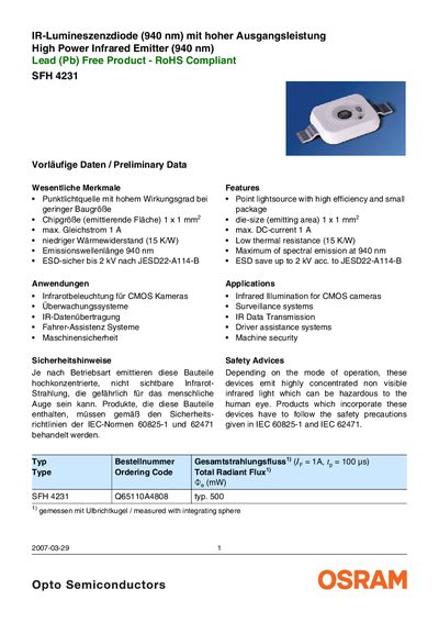 OSRAM SYLVANIA - SFH 4231IR-Lumineszenzdiode (940 nm) mit hoher Ausgangsleistung High Power Infrared Emitter (940 nm) Lead (Pb) Free Product - RoHS Compliant - cover page