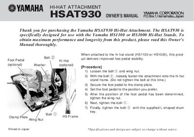 Yamaha HSAT930 Hi-Hat Attachment Owner's Manual - cover page