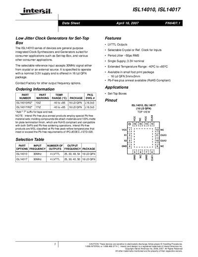 Intersil ISL14010/ISL14017 Low Jitter Clock Generators Datasheet - cover page