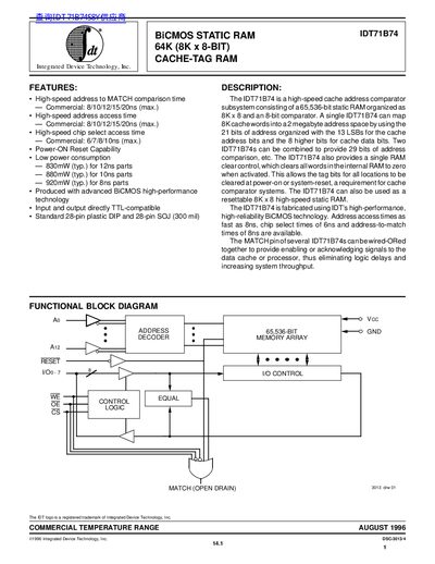 Integrated Device Technology Inc. IDT71B74 BiCMOS STATIC RAM 64K (8K x 8-BIT) CACHE-TAG RAM - cover page