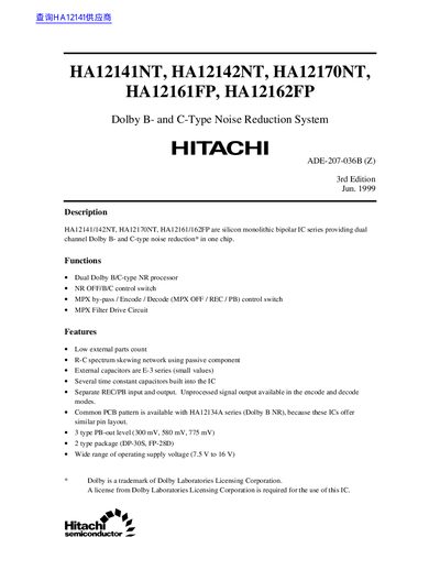 Hitachi HA12141NT/HA12142NT/HA12170NT/HA12161FP/HA12162FP Datasheet - cover page