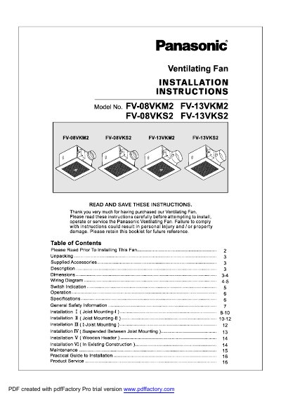 Panasonic FV-08VKM2/FV-13VKM2/FV-08VKS2/FV-13VKS2 Ventilating Fan Installation Instructions - cover page