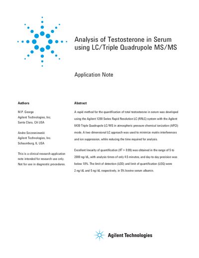 Agilent 6430 Triple Quadrupole LC/MS Testosterone Analysis Application Note - cover page