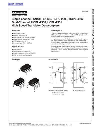 FAIRCHILD 6N135 6N136 HCPL-2503 HCPL-4502 HCPL-2530 HCPL-2531 High Speed Transistor Optocouplers handbook
