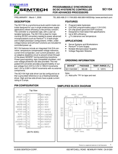 Semtech SC1154 DC/DC Hysteretic Controller Datasheet - cover page