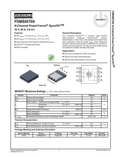 Fairchild FDMS8570S N-Channel PowerTrench SyncFET Datasheet - cover page
