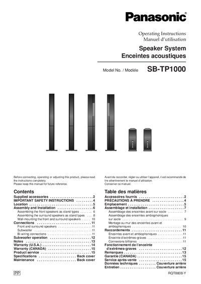 Panasonic SB-TP1000 Speaker System Operating Instructions