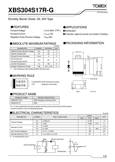 Torex XBS304S17R-G Schottky Barrier Diode Datasheet - cover page