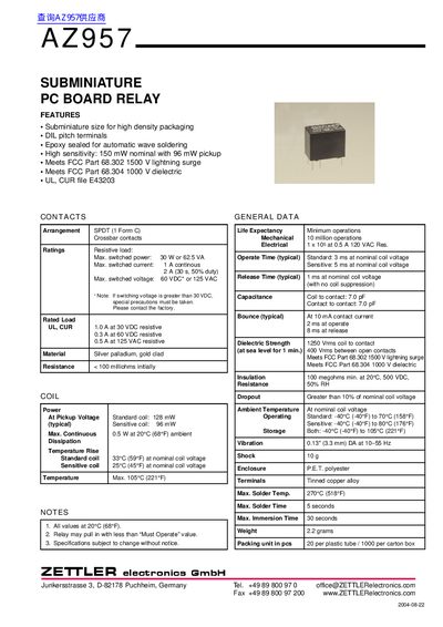 ZETTLER AZ957 Relay Datasheet - cover page