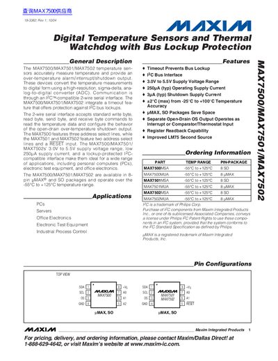 Maxim MAX7500/MAX7501/MAX7502 Digital Temperature Sensors Datasheet - cover page