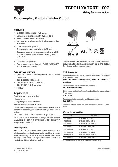 Vishay TCDT1100/TCDT1100G Optocoupler Datasheet - cover page