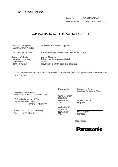 PANASONIC To: Farnell InOne Issue No. : CE-AAMX-CEM-1 Date of Issue : 12 December 2006  - cover page