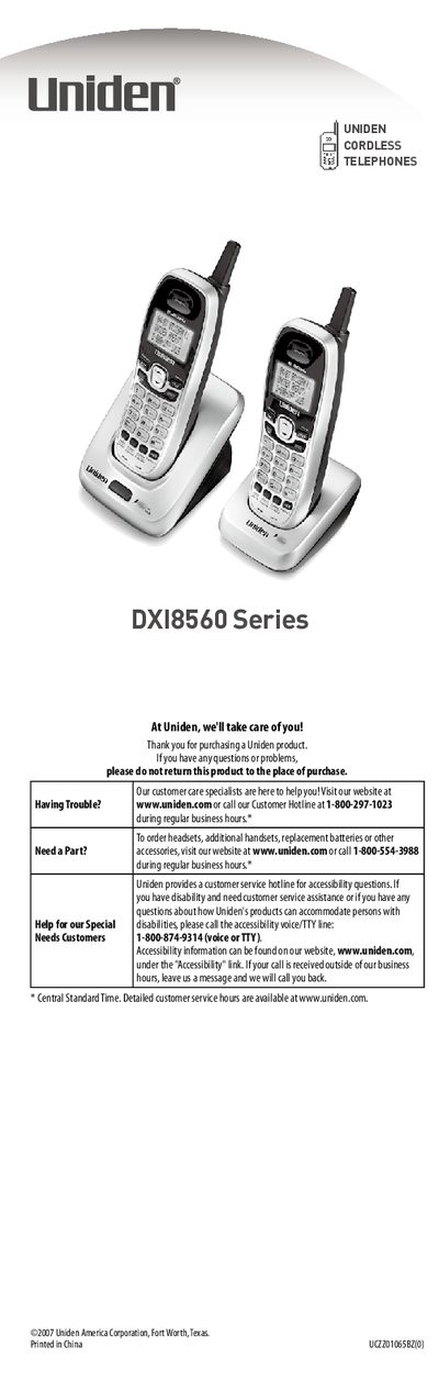 Uniden DXI8560 Series Cordless Telephone User Manual - cover page