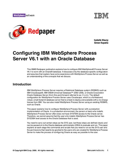 IBM WebSphere Process Server V6.1 Oracle Database Configuration Guide - cover page