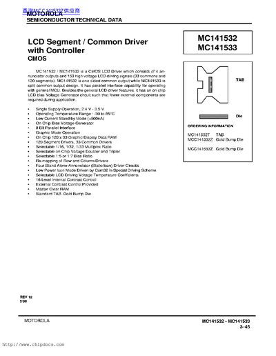 Motorola MC141532/MC141533 LCD Segment/Driver Datasheet - cover page
