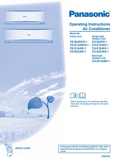 Panasonic CS-E9JKKW-1 Air Conditioner Quick Start Guide