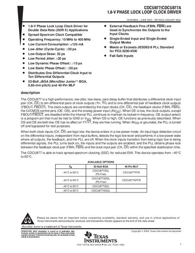 TEXAS INSTRUMENTS CDCU877 CDCU877A Data Sheet - cover page