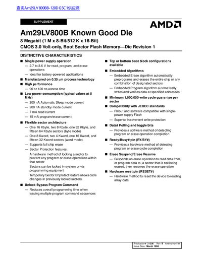 AMD Am29LV800B Known Good Die Datasheet Supplement