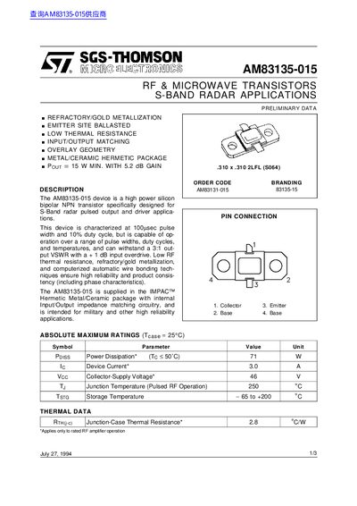 STMicroelectronics AM83135-015 RF Transistor Preliminary Data Sheet - cover page