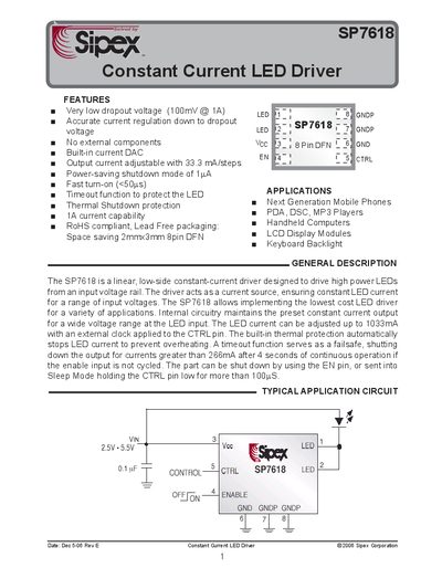 Sipex SP7618 Constant Current LED Driver Datasheet - cover page