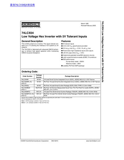 Fairchild Semiconductor 74LCX04 Low Voltage Hex Inverter Datasheet - cover page