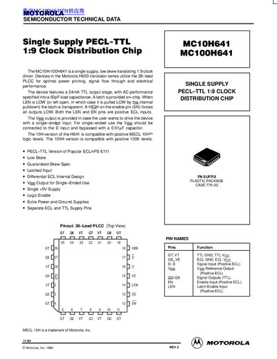 Motorola MC10H641/MC100H641 Single Supply PECL-TTL 1:9 Clock Distribution Chip Datasheet - cover page