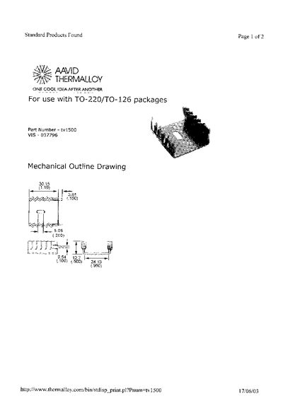 Aavid Thermalloy tv1500 Heat Sink for TO-220/TO-126 Packages Product Leaflet - cover page