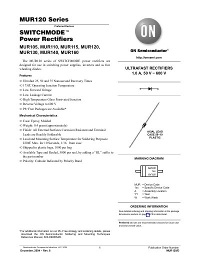 ON Semiconductor MUR120 Series Switchmode Power Rectifiers Datasheet - cover page