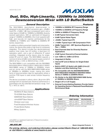 Maxim MAX19994A Dual-Channel Downconversion Mixer Datasheet - cover page