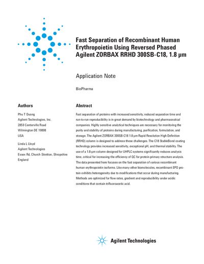 Agilent ZORBAX RRHD 300SB-C18 1.8 um Application Note - cover page