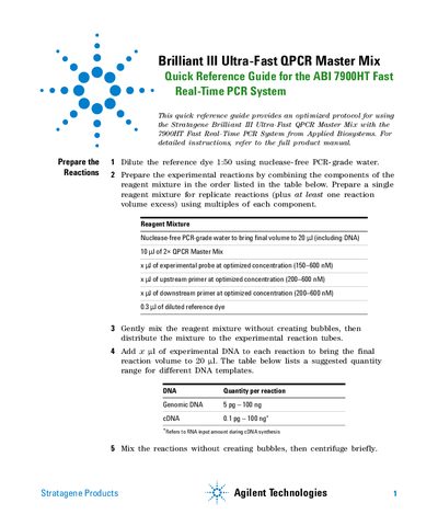 Agilent Technologies Brilliant III Ultra-Fast QPCR Master Mix: Quick Start Guide for the ABI 7900HT Fast Real-Time PCR System - cover page