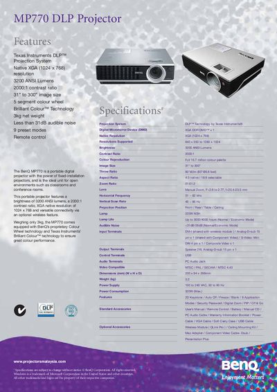 BenQ MP770 DLP Projector Product Leaflet - cover page