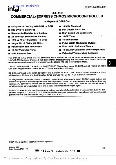 Intel 8XC198 Commercial/Express CMOS Microcontroller Datasheet - cover page