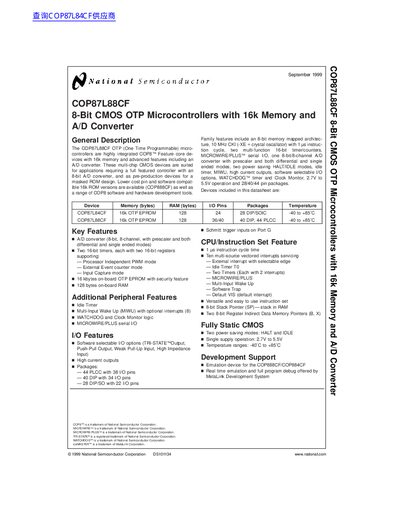 National Semiconductor COP87L88CF 8-Bit CMOS OTP Microcontroller Datasheet - cover page