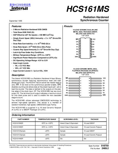 intersil HCS161MS Data Sheet - cover page