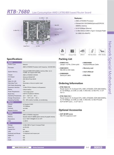 NORCO RTB-7680 Low Consumption AMD LX700/800 based Router board Manual