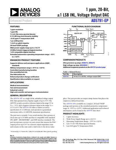 Analog Devices AD5791-EP 20-Bit Voltage Output DAC Datasheet