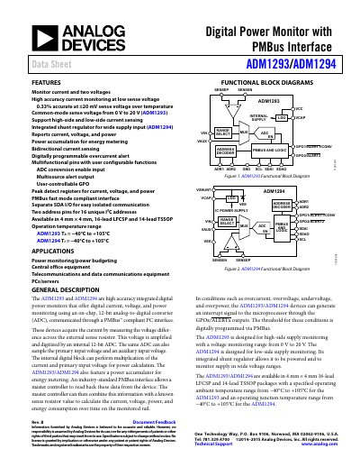 Analog Devices ADM1293/ADM1294 Digital Power Monitor Data Sheet - cover page