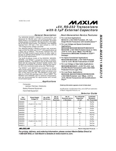 Maxim MAX200/MAX211/MAX213 RS-232 Transceiver Datasheet - cover page